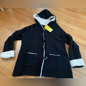 NWT new Cabela's Black Cream Hooded Cardigan Sweater 2XL w/toggle knitted heavy!